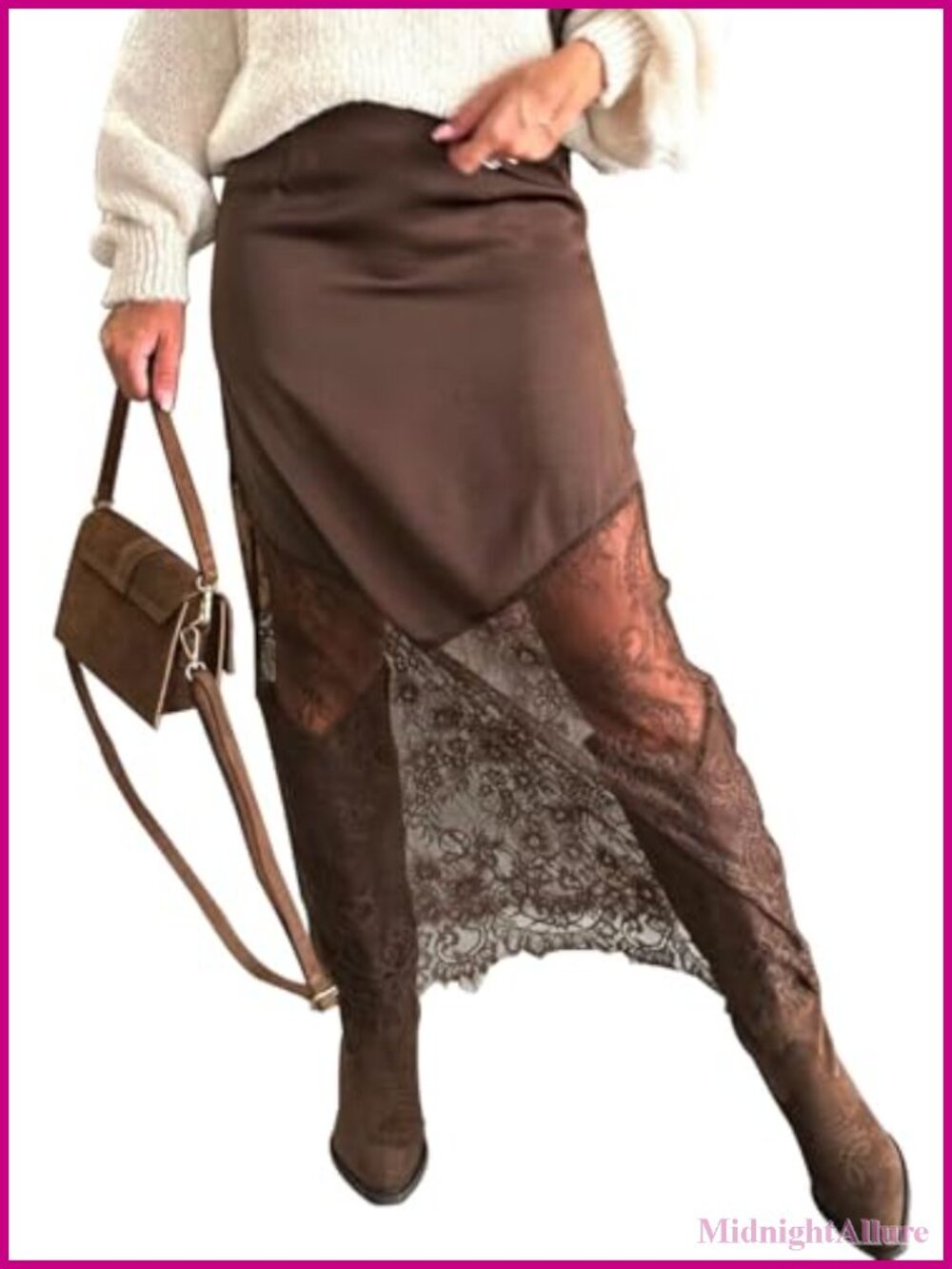 Women's Lace Trim Maxi Skirt High Waist A-Line Silky Satin Boho Party Skirt